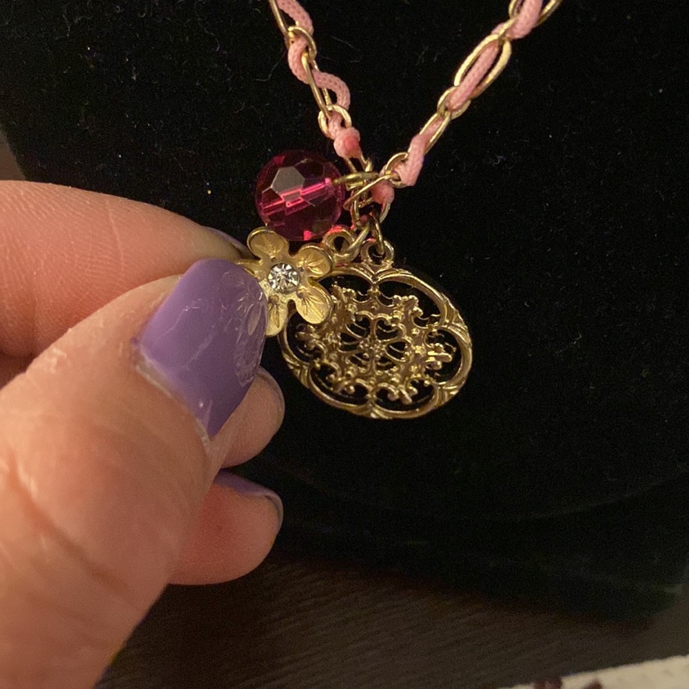 Pretty 10” Gold Necklace w/a Pink ribbon running through it & 3 charms on it - Picture 3 of 3